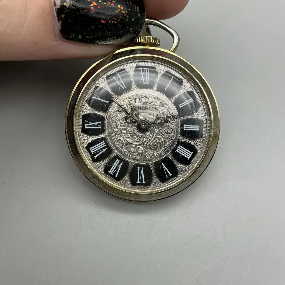 Vintage Benetton Pocket Watch Men 34mm Silver Tone Black Dial Manual Wind Chain